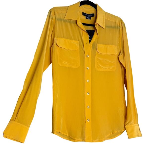 Guess by Marciano Top Blouse Womens XS Yellow Long Sleeve Button Up Silk Preppy - Picture 9 of 13